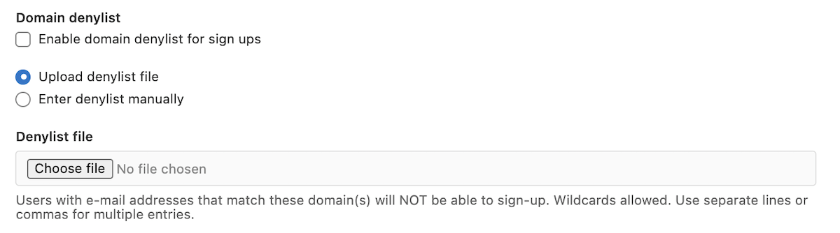 The domain denylist settings with the options to upload a file or enter the denylist manually.