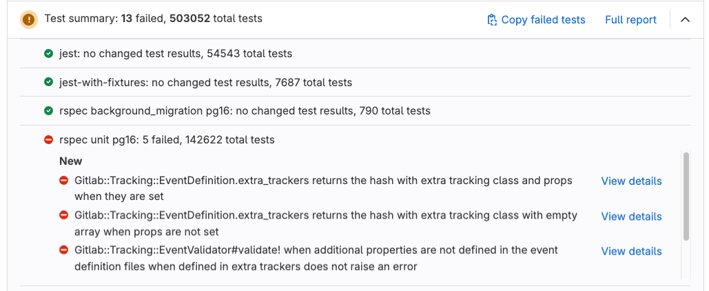 Expanded Test summary panel that shows one failed test with the View details link