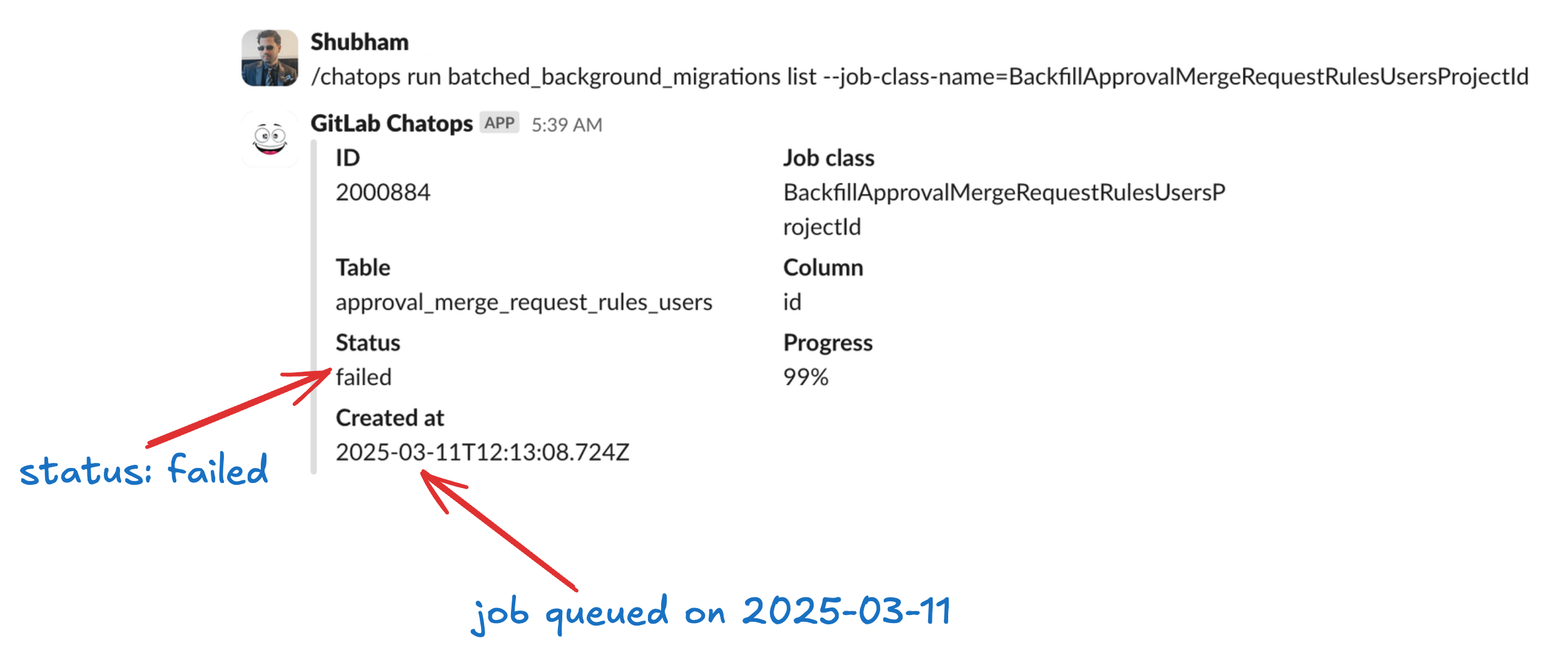 Chatops command output showing the failed migration status and progress details.