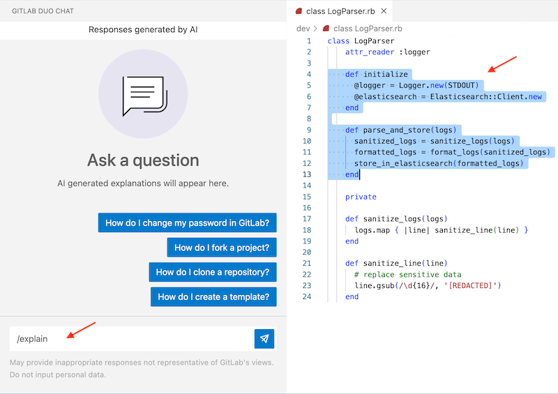 Selecting code and asking GitLab Duo Chat to explain using the /explain slash command.