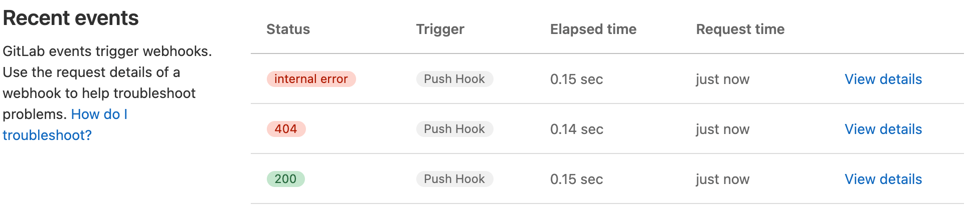 Webhook event log showing status codes and response times