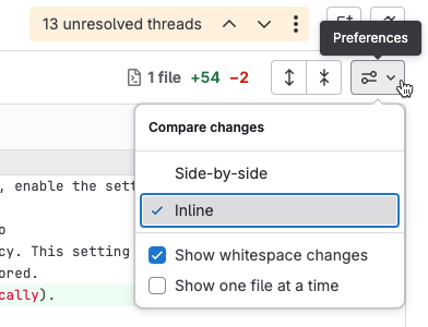 A merge request diff with Preferences menu expanded and 'Show whitespace changes' option selected.