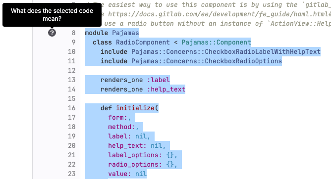 File view showing selected lines and the question mark icon which you can use to explain the code.